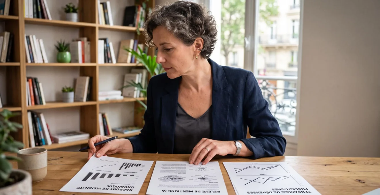 Responsable marketing comparant trois documents de pilotage : recherche naturelle, campagnes payantes et présence dans les réponses IA.